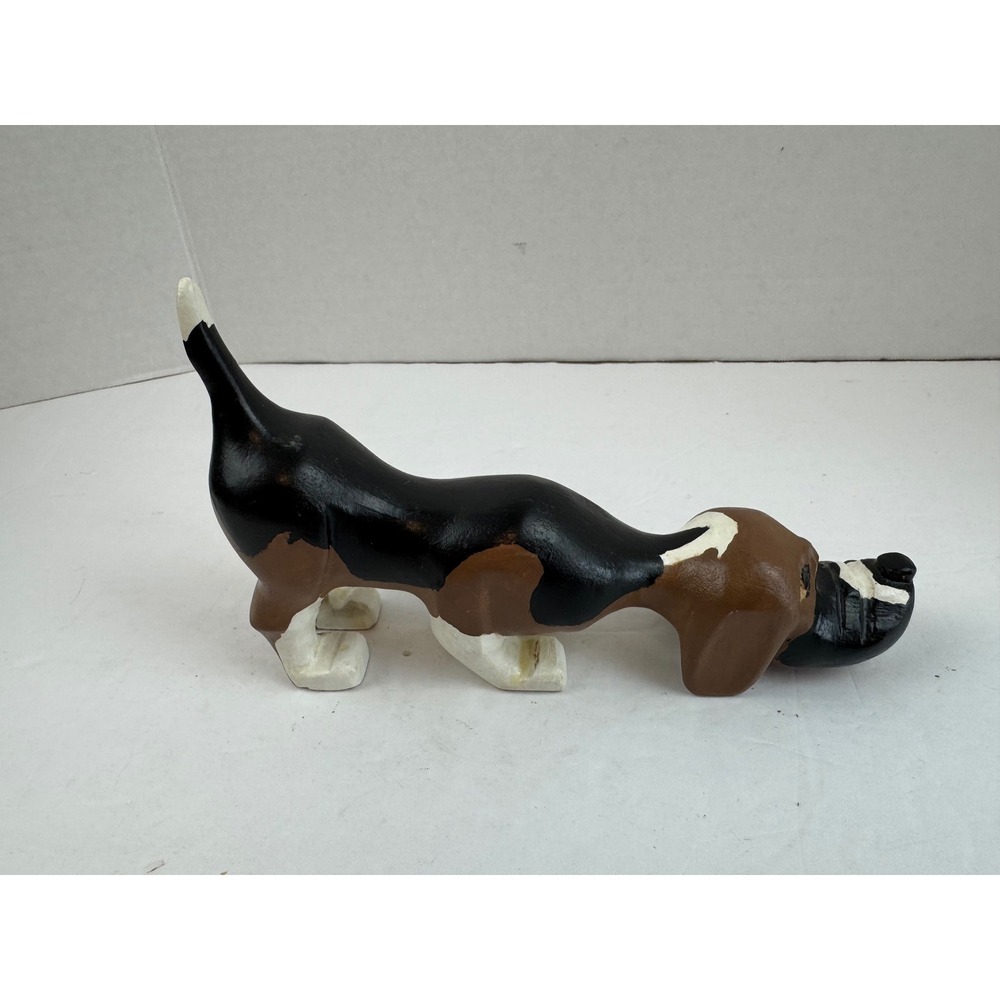 Vintage Hand Carved Wood Basset Hound Beagle Dog Figurine Folk Art Tri-Color 9" - Picture 6 of 9